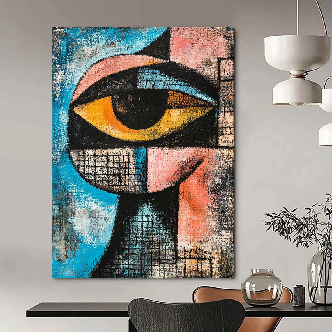 Contemporary hand-painted abstract art featuring a cubist eye in blue, pink, and black with dynamic shapes and textured depth for striking composition. DLZ1237