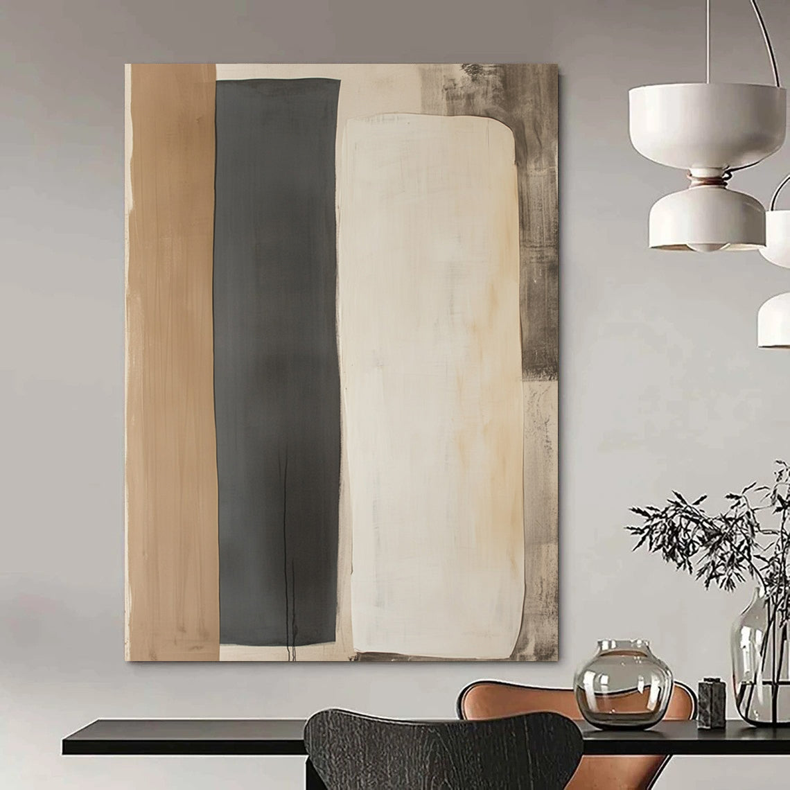 Contemporary hand-painted abstract art featuring two minimalist shapes in light gray and dark beige on a wall-mounted paper display. DLZ1326