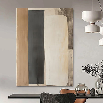 Contemporary hand-painted abstract art featuring two minimalist shapes in light gray and dark beige on a wall-mounted paper display. DLZ1326