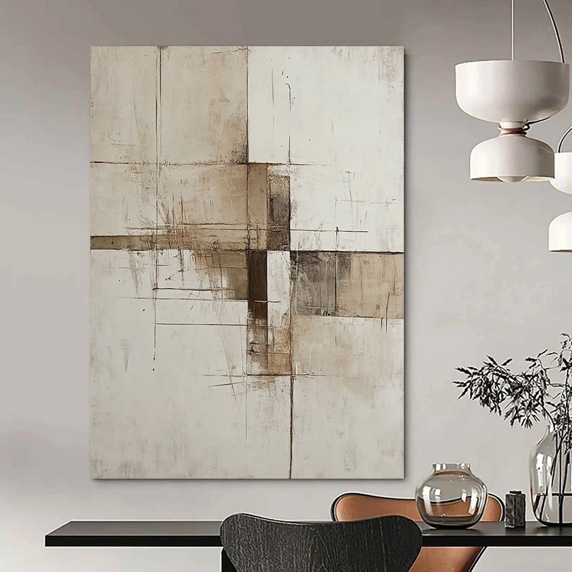 Contemporary hand-painted abstract artwork featuring minimalist deconstructed forms in beige white and brown inspired by architectural structures. DLZ0540