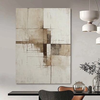 Contemporary hand-painted abstract artwork featuring minimalist deconstructed forms in beige white and brown inspired by architectural structures. DLZ0540