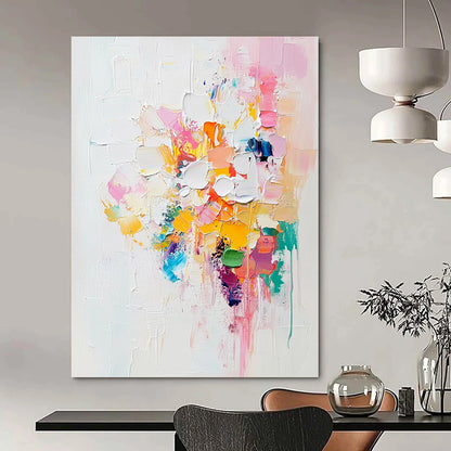 Contemporary hand-painted abstract artwork with white and pastel colors enriched by vibrant accents and thick impasto brushstrokes. DLZ0519