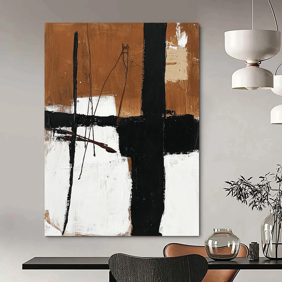 Contemporary abstract oil painting featuring black and white elements with brown lines on a neutral background showcasing earthy tones and minimalistic design. DLZ0311