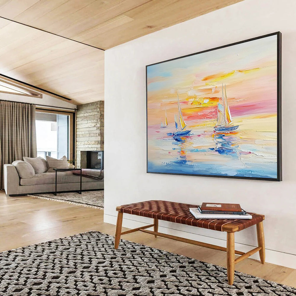 Sailboats at Sunset on Calm Waters - Impressionistic Seaside Painting On Canvas HB0454