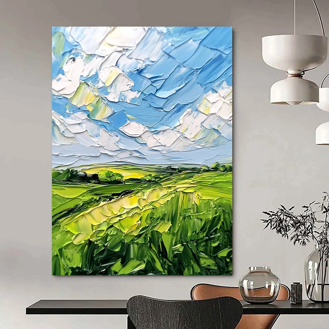 Contemporary abstract artwork featuring lush green fields and a vibrant blue sky with clouds, textured with bold impasto strokes. DLZ0484