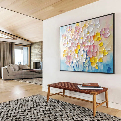 “3D Floral Burst” - Soft pinks, whites, yellows, blues; Textured, raised flower blooms; Impasto Floral Painting On Canvas HB1156