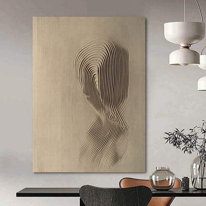 Contemporary abstract art featuring a relief carving of the female form with soft lines and curves in light beige against a neutral backdrop. DLZ1073