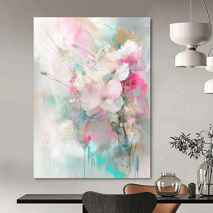 Vibrant contemporary hand-painted abstract art featuring flowers and plants in light pink and turquoise with delicate brushstrokes and soft lighting. DLZ0981
