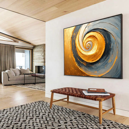 “Golden Spiral Abstract” - Gold, Gray, Spiral Abstract Oil Painting On Canvas HB0723