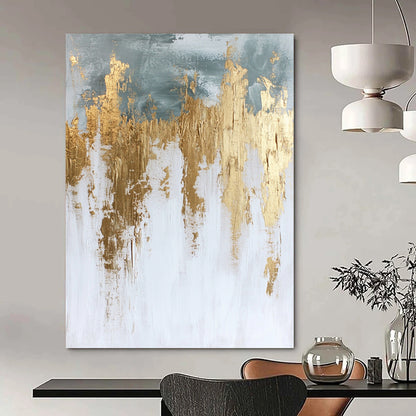 Contemporary hand-painted abstract artwork in white and gold featuring textured paint surface and elegant gold foil accents. DLZ0686
