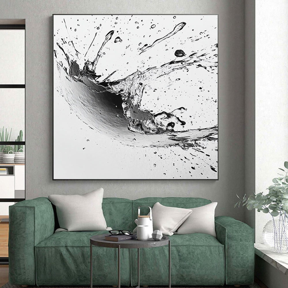 Black, White, Splashing Ink Drop "Ink Drop Explosion" Abstract Expressionist Painting On Canvas HB138