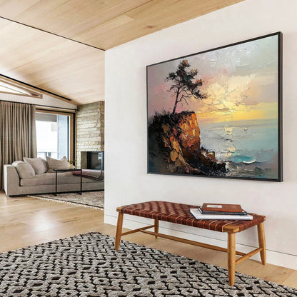 “Cliffside Tree at Sunset” - Textured Oranges, Pinks, Browns, Tree on Cliff by Sea - Impasto Oil Painting HB1693