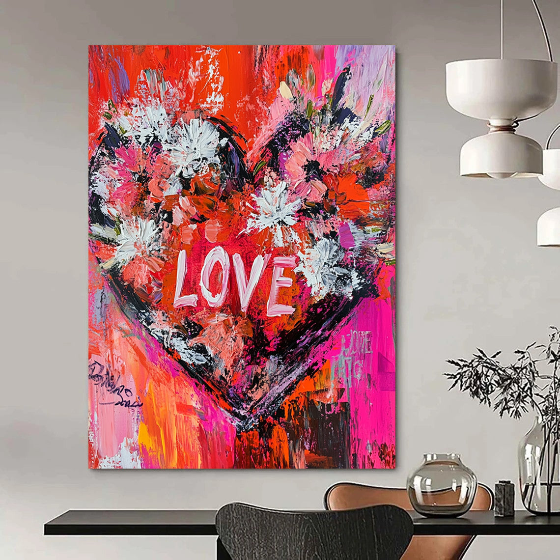 Vibrant contemporary abstract painting featuring oversized floral heart and dynamic brushstrokes with engaging text LOVE in bold reds pinks and whites. DLZ1494