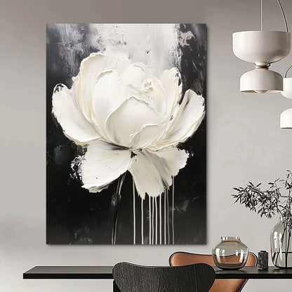Contemporary abstract oil painting featuring a white rose with dripping paint on a minimalist black and gray background, showcasing intricate details and expressive petals. DLZ0829