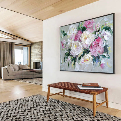 “Blush - Toned Peony Bouquet” - Soft Pinks, Whites, Greens, Textured Peony Flowers - Impasto Oil Painting HB1716