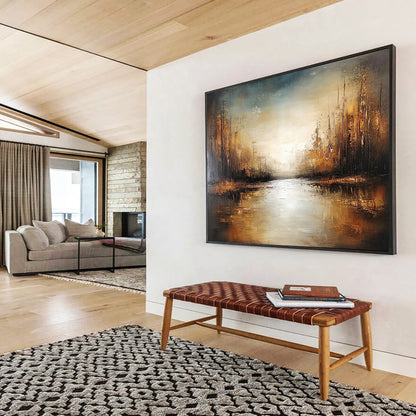 “Golden Forest Stream” - Brown, Gold, Gray, Sunlit Trees and Reflective Stream Painting On Canvas HB0929