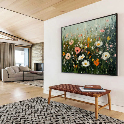 “Wildflower Meadow Impasto” - Colorful wildflowers in pink, white, orange, Impasto Floral Painting On Canvas HB0545