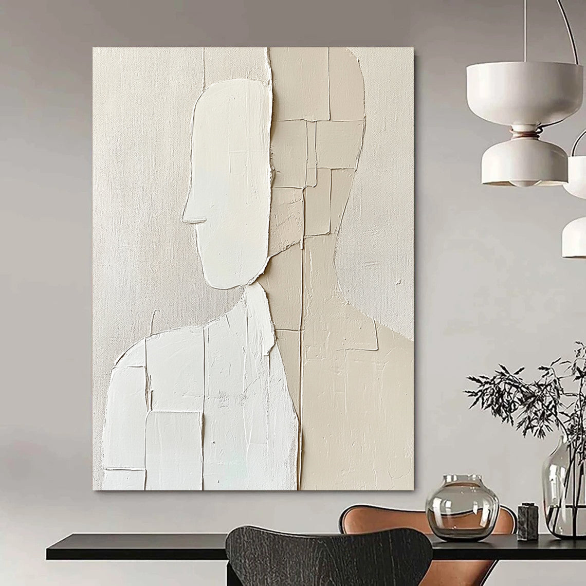 Contemporary abstract artwork features minimalism with deconstructed tailoring in simple shapes on a textured beige background creating a monochromatic aesthetic. DLZ1729