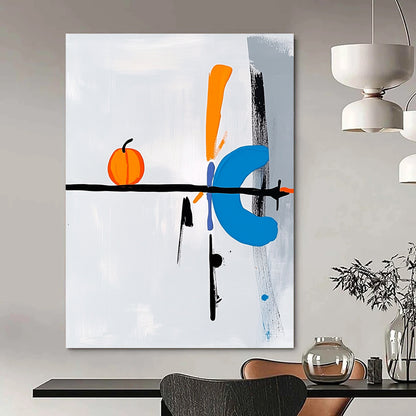 Contemporary abstract art featuring a right-pointing arrow in blue black white and orange with Oostutto text and a whimsical pumpkin element on a light grey background DLZ1336