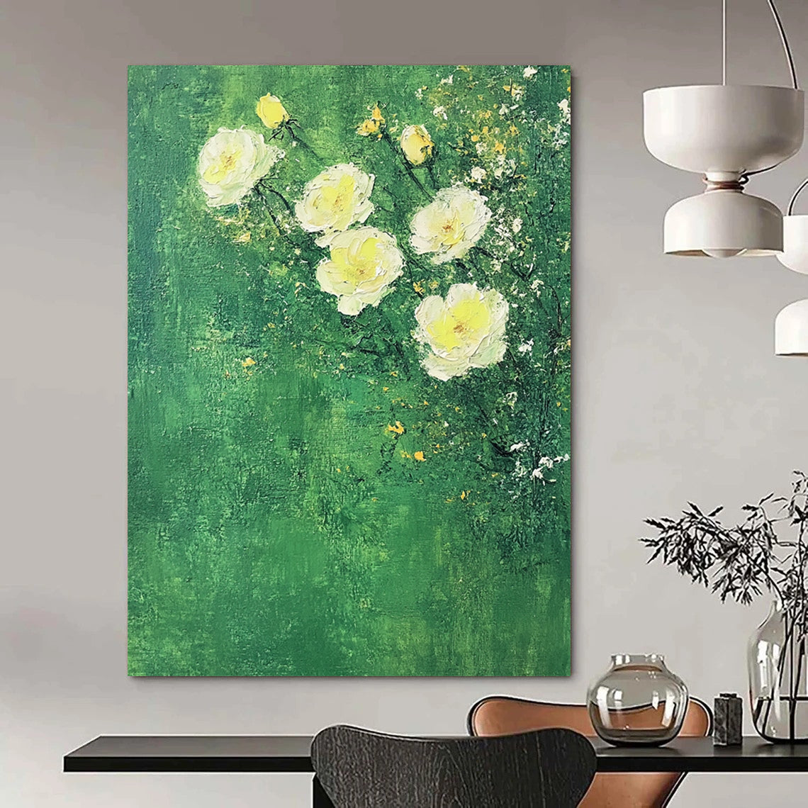 Contemporary abstract art featuring white roses on a textured green background with soft colors and minimalist Impressionist influences. DLZ1752