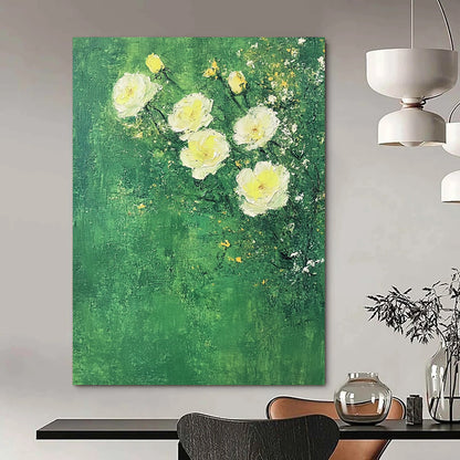 Contemporary abstract art featuring white roses on a textured green background with soft colors and minimalist Impressionist influences. DLZ1752