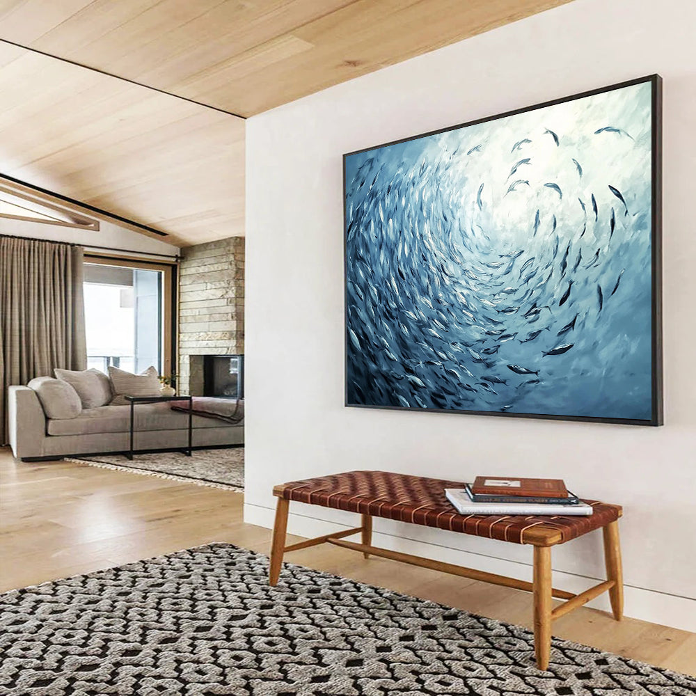 “Blue School of Fish Vortex” - Blue, Fish, Vortex Painting On Canvas HB0756
