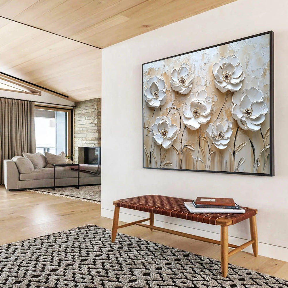 Beige and White Textured Flowers "Timeless Petals" Painting On Canvas HB0425