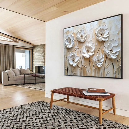 Beige and White Textured Flowers "Timeless Petals" Painting On Canvas HB0425