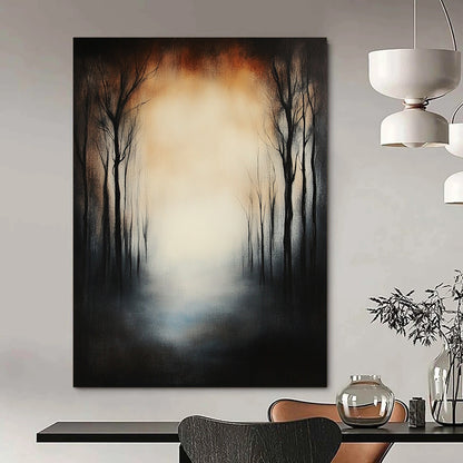 Large contemporary hand-painted abstract artwork featuring a forest of dead trees under eerie fog with a glowing sky and a mysterious blurred effect. DLZ1264