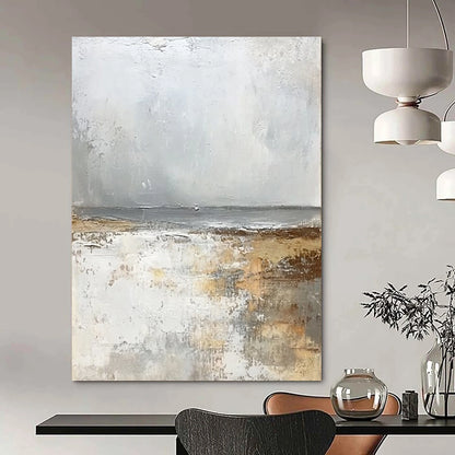 Contemporary abstract artwork featuring a serene misty beach in soft whites and greys exuding tranquility and harmony for elegant decor. DLZ0475