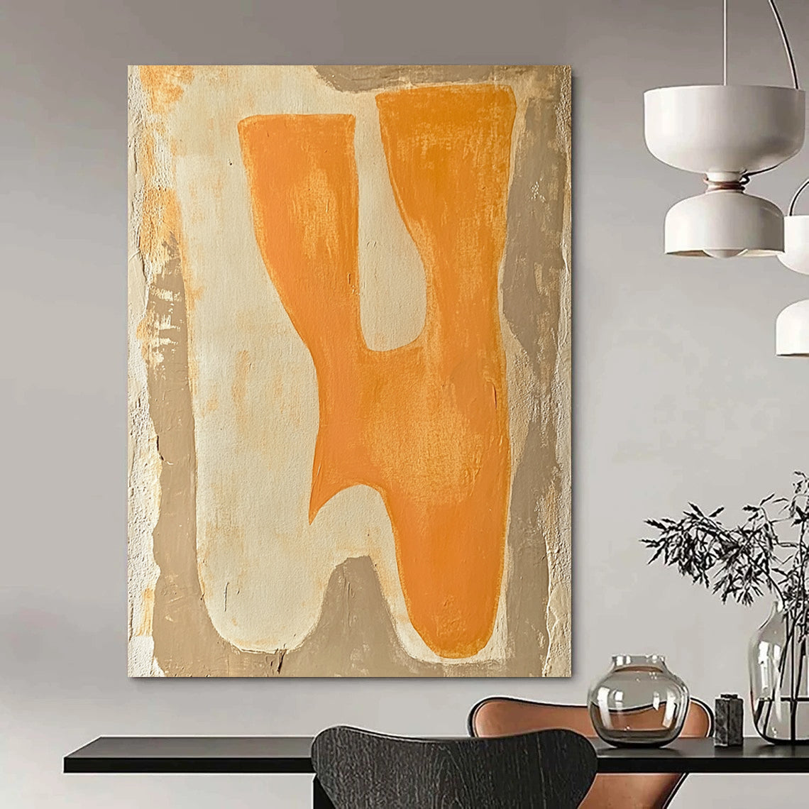 Contemporary abstract painting featuring minimalist boho style with terracotta and cream colors showcasing two animals on textured beige background. DLZ1609