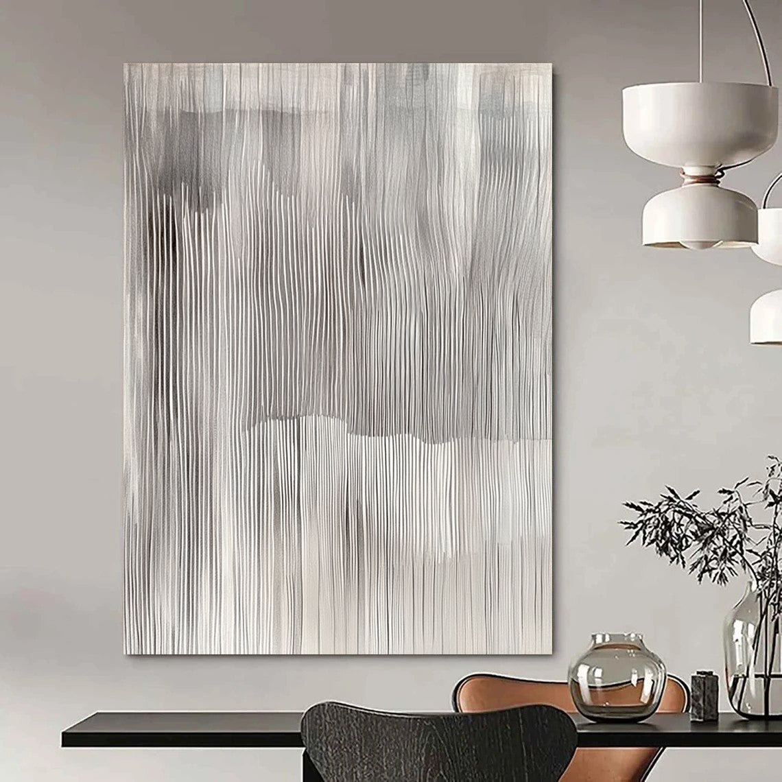 Contemporary hand-painted abstract art featuring undulating grey and white vertical stripes, evoking tranquility and capturing nature's beauty through textured geometric patterns. DLZ0862