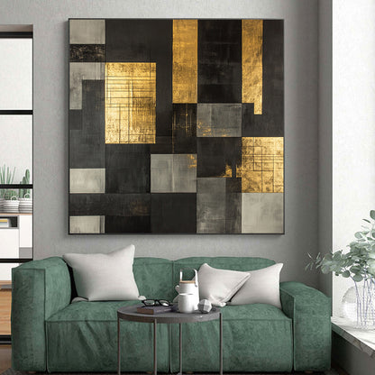 Black, Gray, Gold with Grid Patterns "Structured Glow" Abstract Painting On Canvas HB008