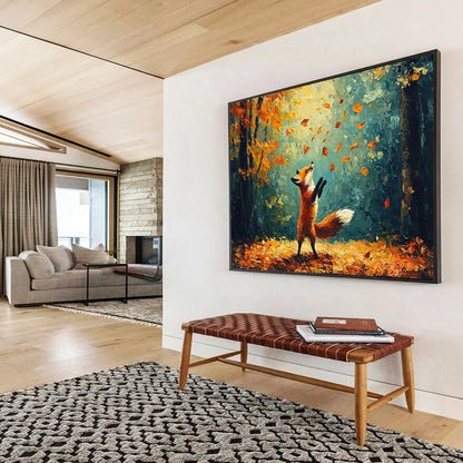“Fox in Autumn Forest” - A fox playing with leaves in a colorful forest, Impressionist Animal Painting On Canvas HB0552