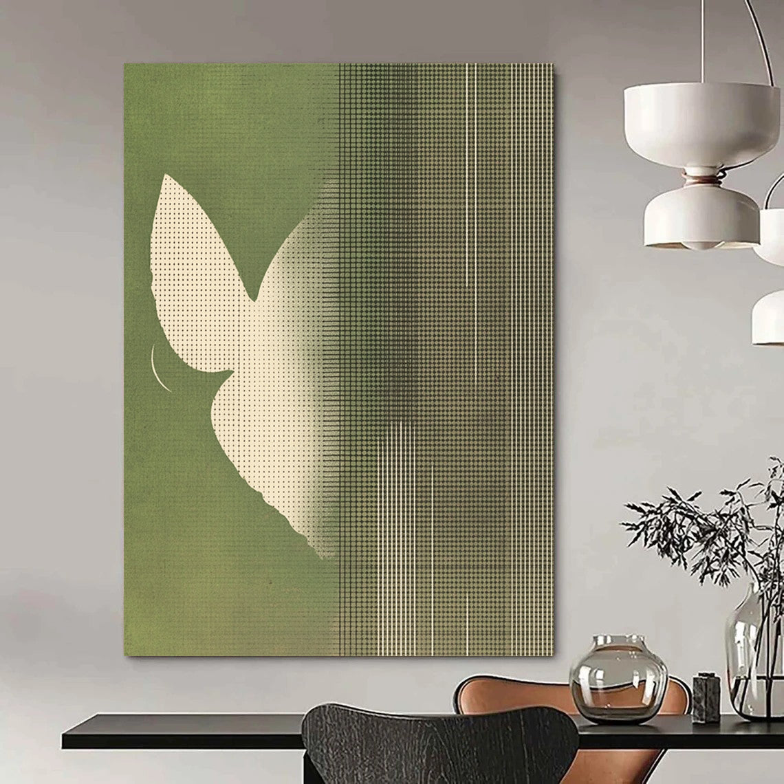 Contemporary abstract art featuring minimalist butterfly wings in white against a muted green striped background creating a serene and harmonious atmosphere. DLZ1641