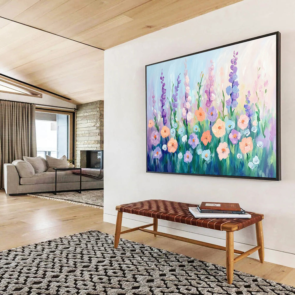 “Pastel Flower Meadow” - Soft lavender, peach, blue flowers, Impressionist Floral Painting On Canvas HB0580