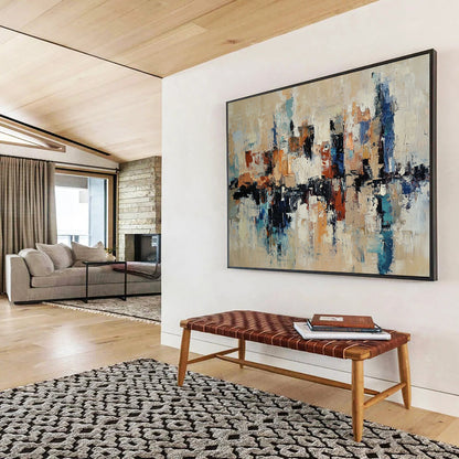 “Cityscape Abstract” - Beige, Blue, Brown, White with Reflective Shapes - Painting On Canvas HB1393
