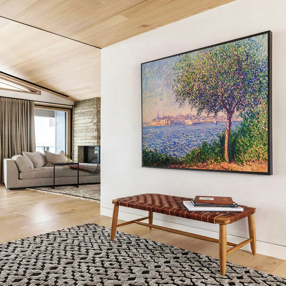 “Pointillist Tree and Sea” - Blue, Green, Purple, Pointillist Coastal Scene - Pointillist Oil Painting HB1675