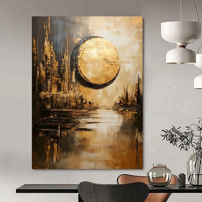 Contemporary abstract artwork features a dystopian cityscape with a sun and moon in gold and gray hues reflecting on water in a dreamy atmosphere. DLZ1094
