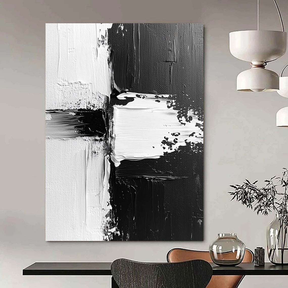 Contemporary abstract painting features dynamic black and white textures with expressive brush strokes and vibrant paint splashes on canvas. DLZ0309