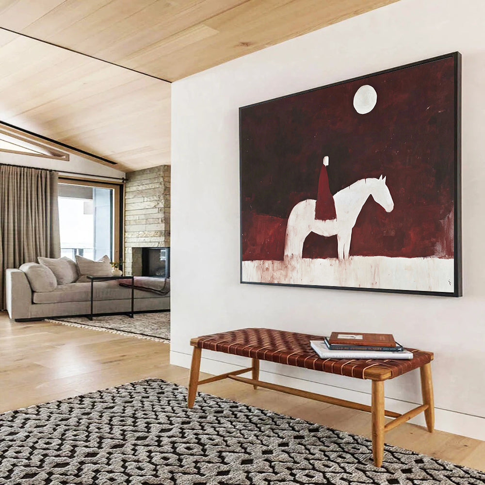 “Moonlit Rider on White Horse” - Dark Red, White, Figurative, Night Sky Painting On Canvas HB0772