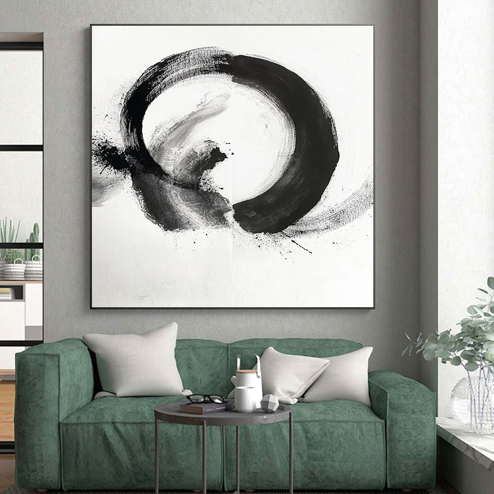 Black and White Mixed Circle "Hybrid Zen" Painting On Canvas HB279