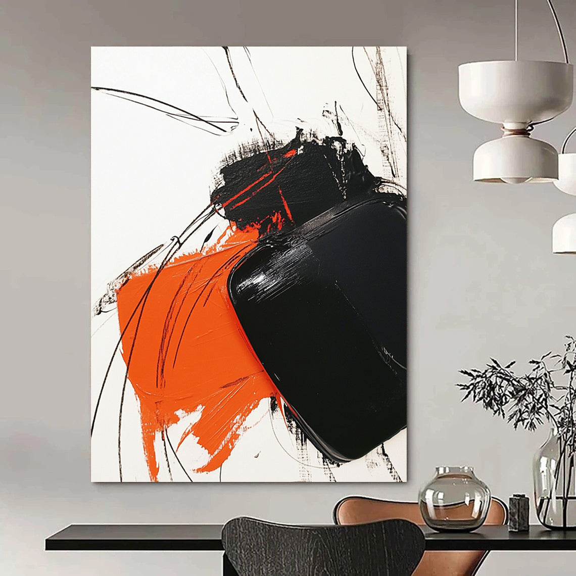 Contemporary abstract artwork features bold black and orange strokes on white, complemented by minimalistic line drawings for striking contrast. DLZ1537