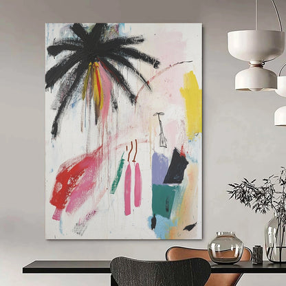 Contemporary hand-painted abstract art featuring palm trees and vibrant colors with a unique figure, blending raw strokes and minimalistic elements. DLZ0633