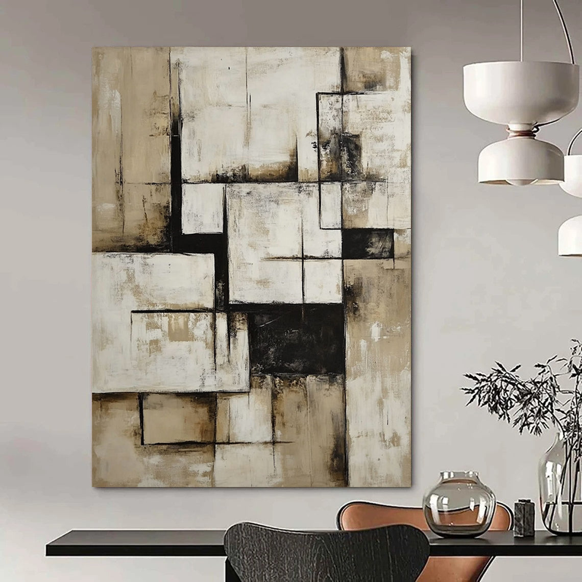 Contemporary hand-painted abstract art in neutral beige and white features geometric shapes and bold black accents for a striking visual impact. DLZ0849