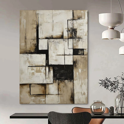 Contemporary hand-painted abstract art in neutral beige and white features geometric shapes and bold black accents for a striking visual impact. DLZ0849