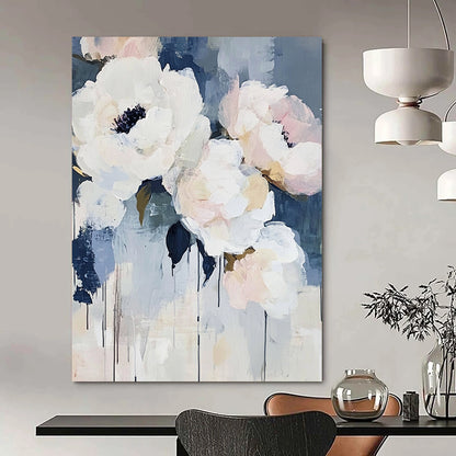 Contemporary abstract art featuring large brush strokes with light blue and white flowers such as peonies and roses accented by navy tones. DLZ0380