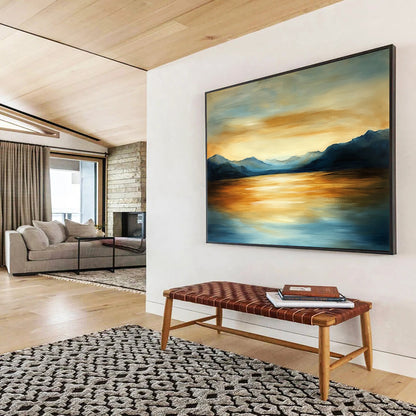 “Mountain Lake Sunset” - Blues, Oranges, Golds, Lake Surrounded by Mountains at Sunset - Acrylic Painting HB1608