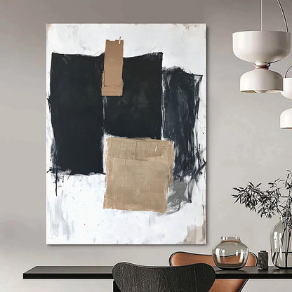 Contemporary hand-painted abstract art featuring three large black squares, one with brown tape, on a white background with thick dark gray strokes. DLZ1335