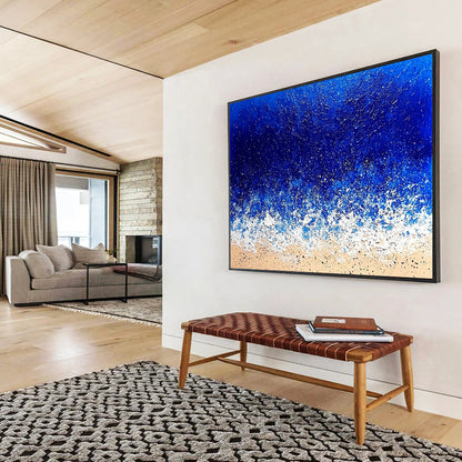 “Textured Ocean Waves” - Deep blues, whites, beiges; Impasto waves crashing on a sandy beach; Palette Knife Acrylic Painting On Canvas HB1184